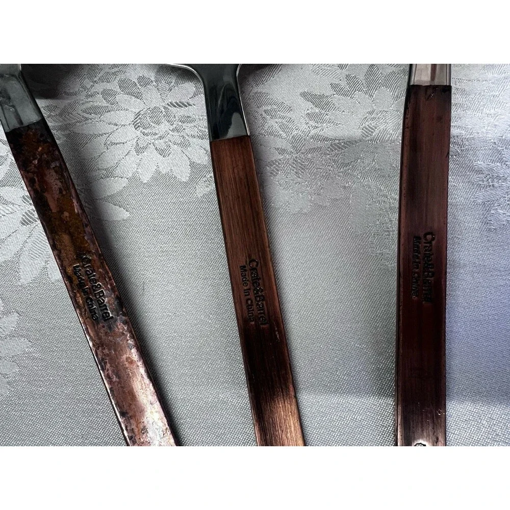 Crate & Barrel Copper Handle Stainless Steel Spoon Spatula Utensils 3 Pc Set